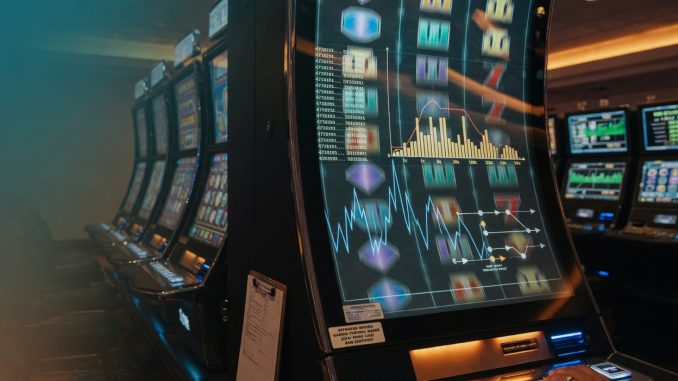 Macro editorial photograph inside a modern slot machine cabinet, focusing on the motherboard and