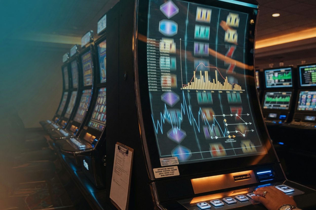 Macro editorial photograph inside a modern slot machine cabinet, focusing on the motherboard and