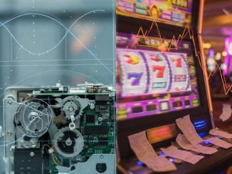 Split-screen photo contrasting theoretical RTP (cool, sterile mechanics and abstract curves) with real-world payout