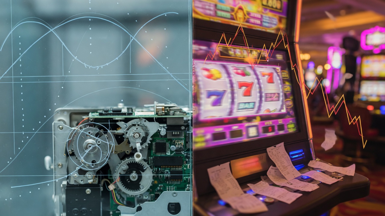 Split-screen photo contrasting theoretical RTP (cool, sterile mechanics and abstract curves) with real-world payout