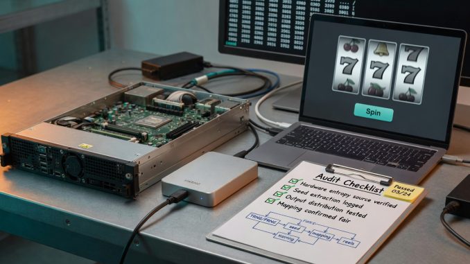 A clean tech workbench scene with an open server and a small hardware RNG