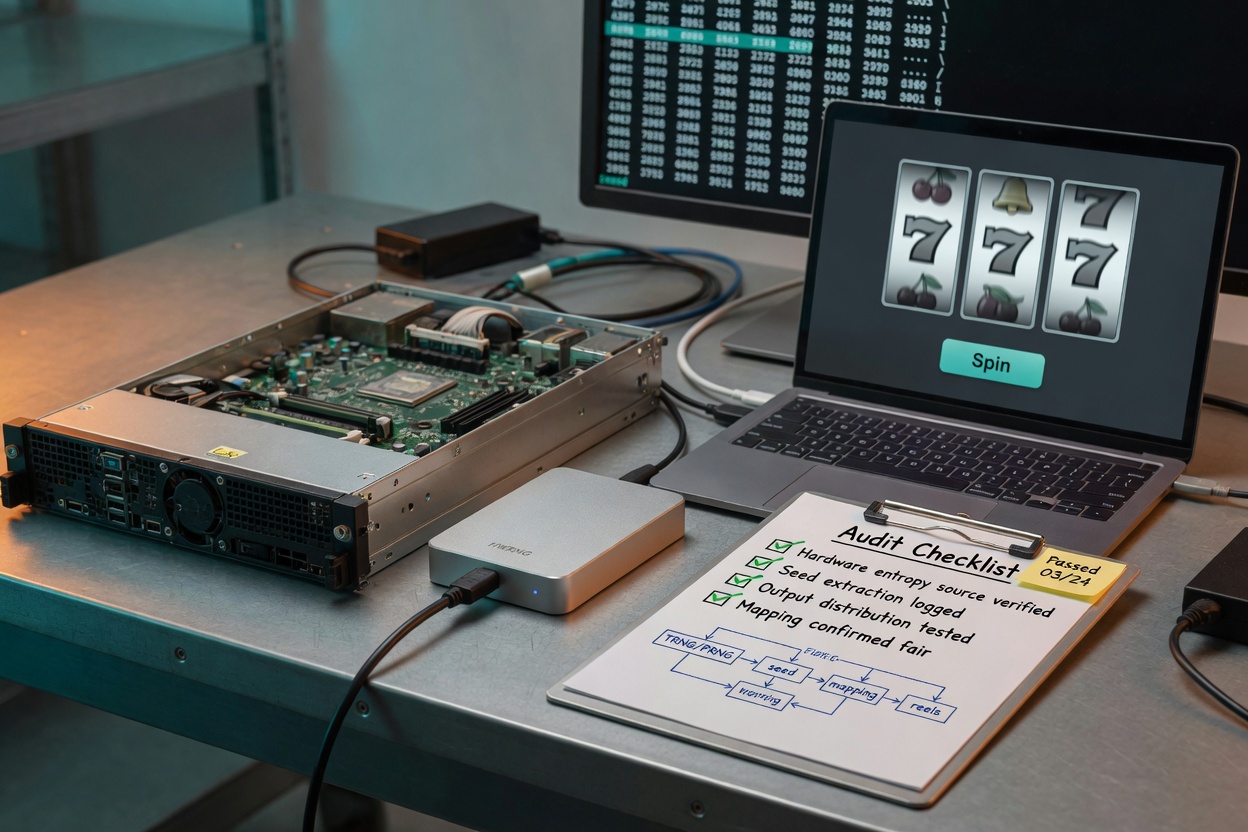 A clean tech workbench scene with an open server and a small hardware RNG