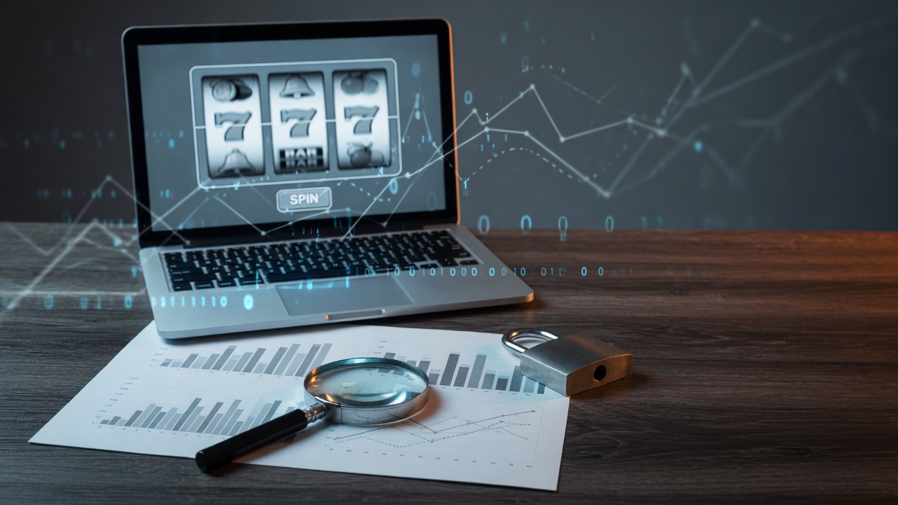 Moody blue-lit photo of a laptop showing slot reels, with a magnifying glass over