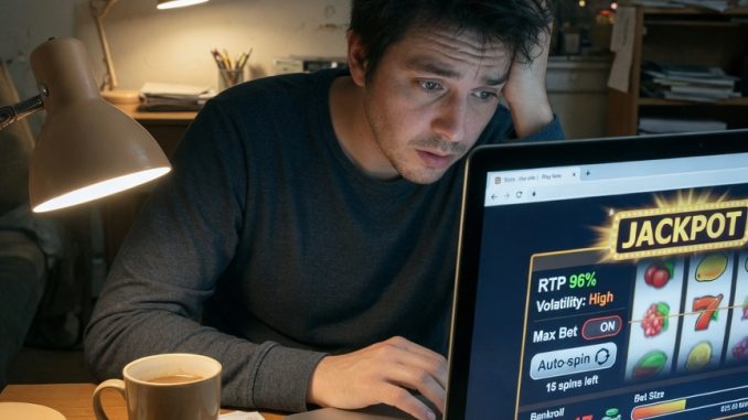 Photo of a worried young adult at a desk looking at an online slot