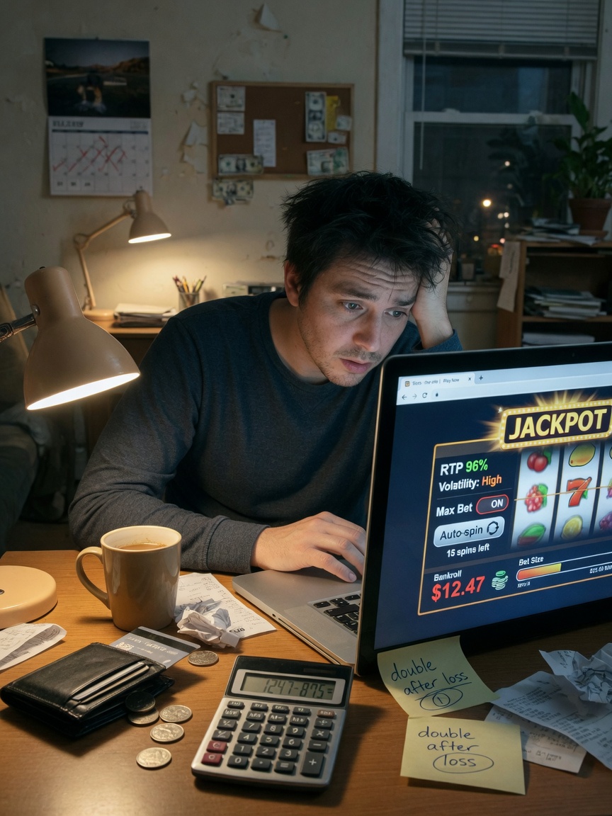 Photo of a worried young adult at a desk looking at an online slot