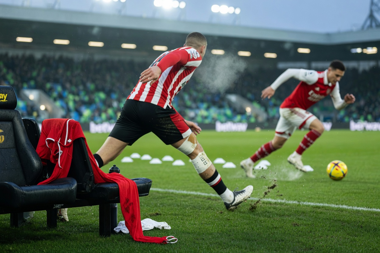 Pitch-level photo under floodlights: empty bench seat with a red bib hinting at a