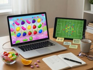 Photograph of a laptop showing a candy-themed slot beside a tablet with a football