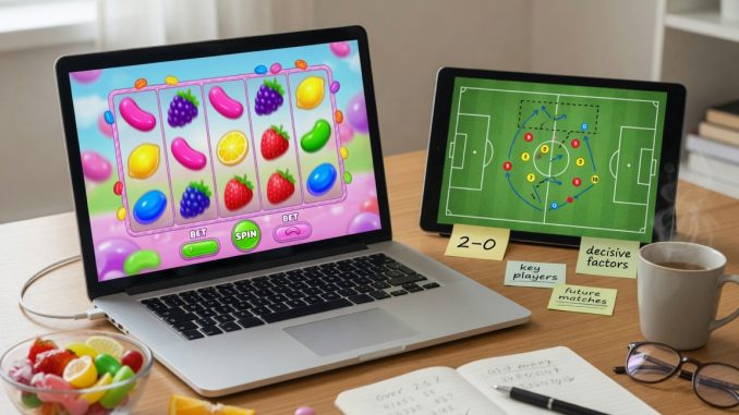 Photograph of a laptop showing a candy-themed slot beside a tablet with a football