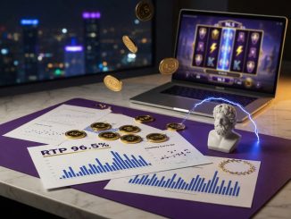 Photo of a modern desk with a laptop showing a blurred Greek-myth slot, coins