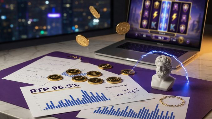 Photo of a modern desk with a laptop showing a blurred Greek-myth slot, coins