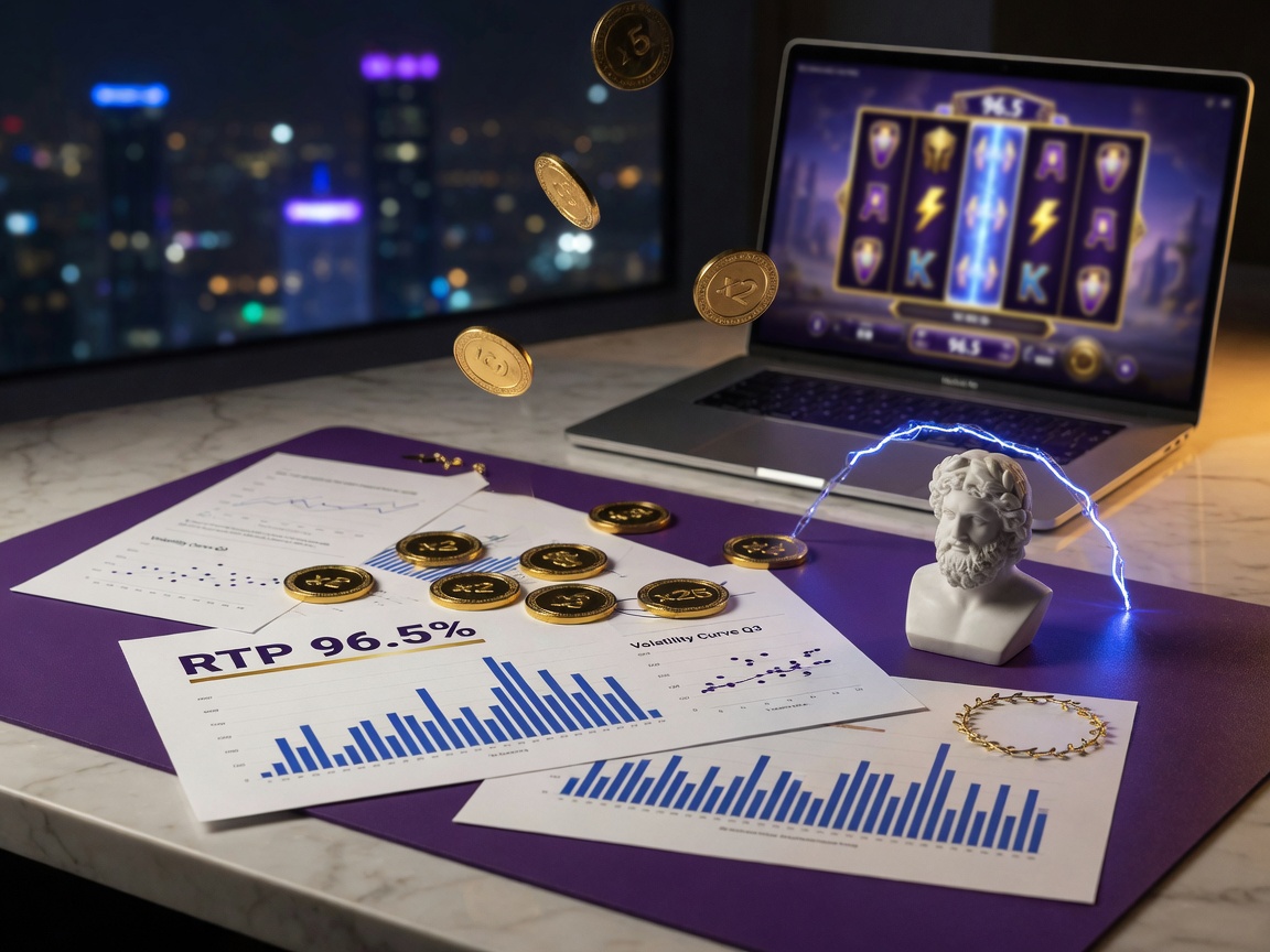 Photo of a modern desk with a laptop showing a blurred Greek-myth slot, coins