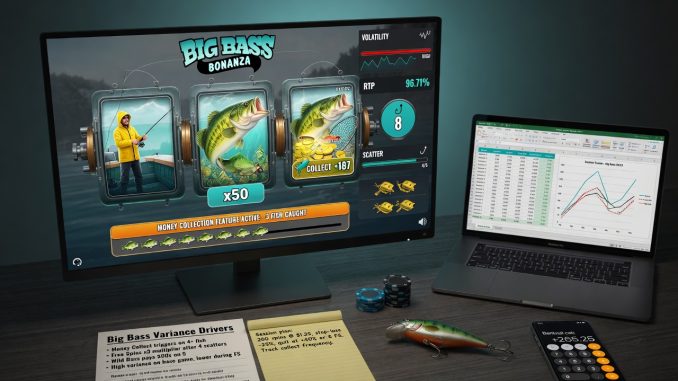 Top-down flat lay photograph that visualizes a precise analysis of Big Bass Bonanza: a