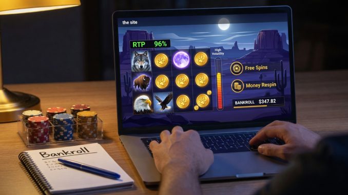 Over-the-shoulder nighttime photo of an adult using a laptop that displays a wolf-themed slot