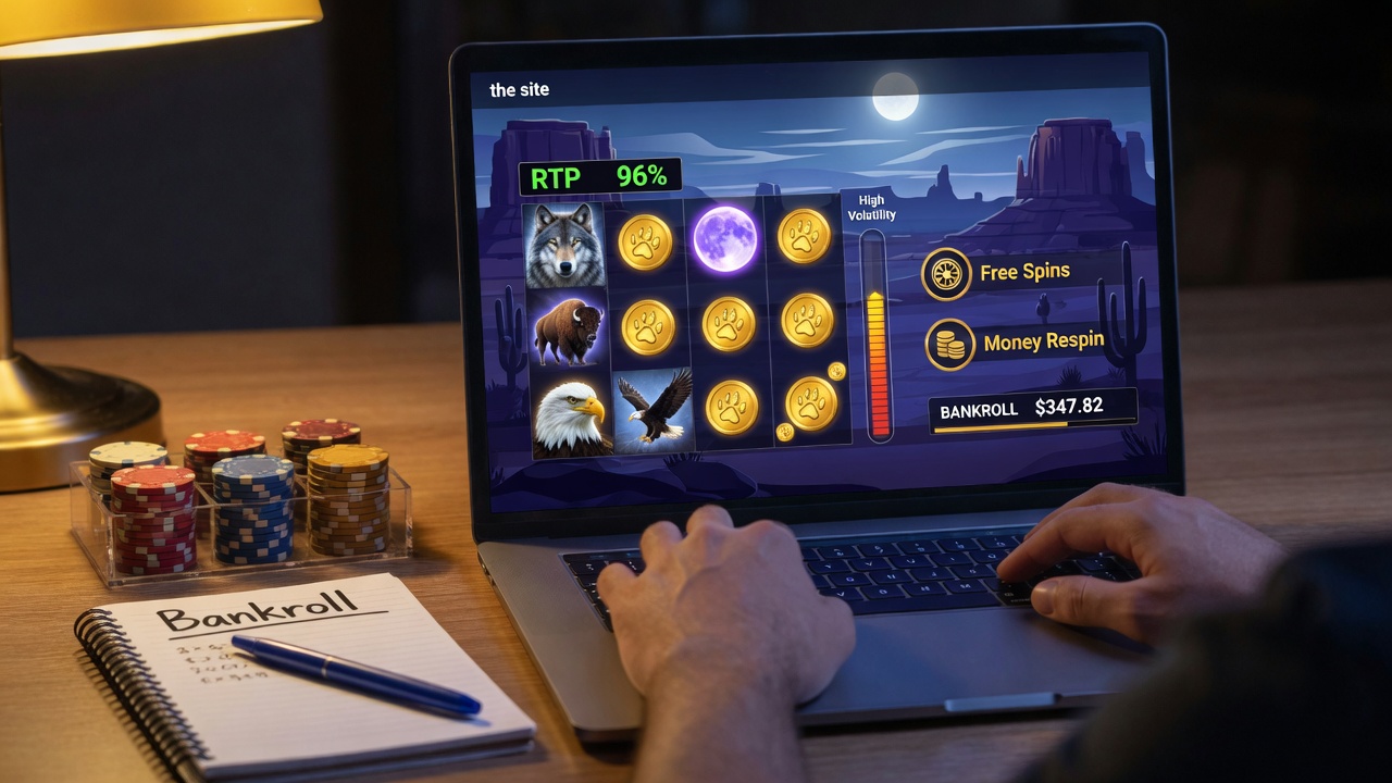 Over-the-shoulder nighttime photo of an adult using a laptop that displays a wolf-themed slot