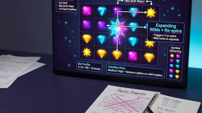 Photographic studio shot of a modern desk with a monitor showing a Starburst-style slot