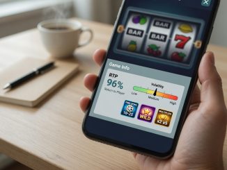 Fotografische Nahaufnahme eines Smartphones über einem Schreibtisch; auf dem Display ein generisches Slot-Interface mit