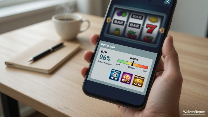 Fotografische Nahaufnahme eines Smartphones über einem Schreibtisch; auf dem Display ein generisches Slot-Interface mit