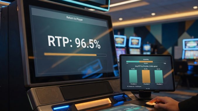 Fotografische Nahaufnahme eines generischen Slot-Automaten mit deutlich sichtbarer Anzeige RTP: 96,5 %; daneben ein