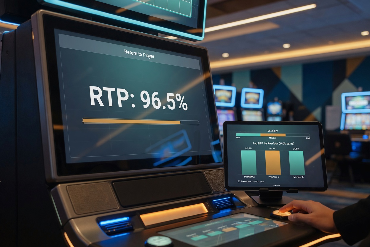 Fotografische Nahaufnahme eines generischen Slot-Automaten mit deutlich sichtbarer Anzeige RTP: 96,5 %; daneben ein