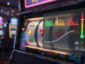Photoreal close-up of a slot machine with a transparent analytics overlay showing low, medium,