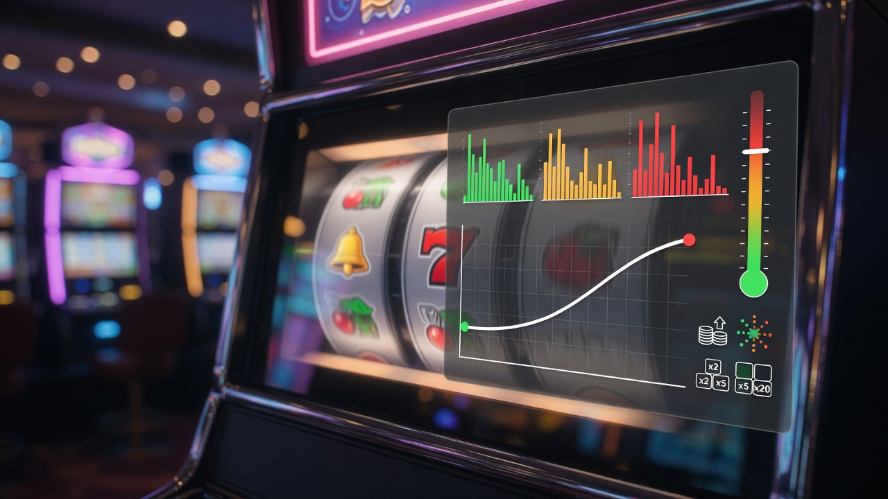 Photoreal close-up of a slot machine with a transparent analytics overlay showing low, medium,