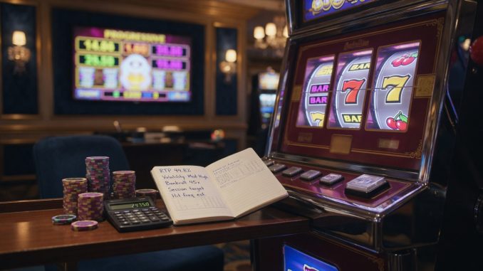 Photograph of a casino slot machine with chips, a calculator, and blurred notes implying