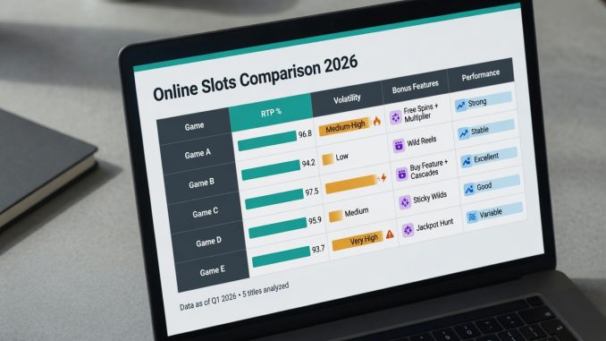 Photographic laptop on a minimalist desk showing a clean Online Slots Comparison 2026 table