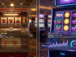 Photographic split-scene of a classic mechanical slot on the left and a modern video
