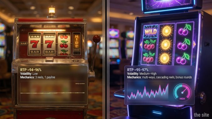 Photographic split-scene of a classic mechanical slot on the left and a modern video