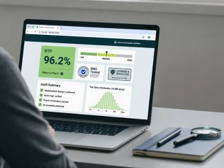 Over-the-shoulder photo of a person checking an online slot fairness dashboard on a laptop—showing