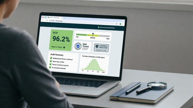 Over-the-shoulder photo of a person checking an online slot fairness dashboard on a laptop—showing