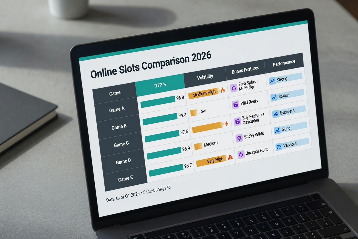 Photographic laptop on a minimalist desk showing a clean Online Slots Comparison 2026 table