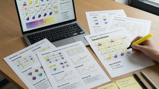 Overhead photo of a tidy desk with a laptop showing slot paylines, ways-to-win, and