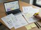 Overhead photo of a tidy desk with a laptop showing slot paylines, ways-to-win, and