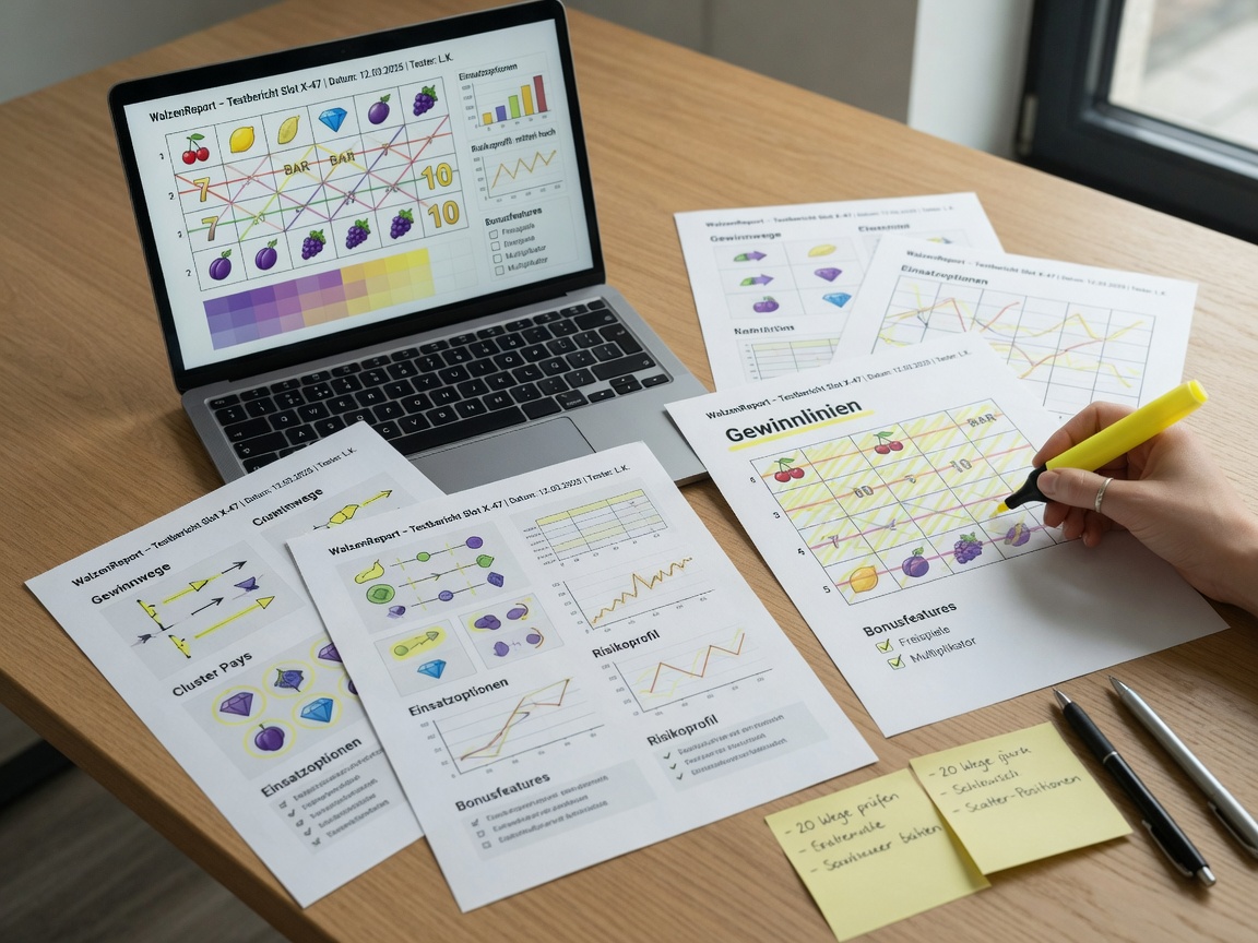 Overhead photo of a tidy desk with a laptop showing slot paylines, ways-to-win, and