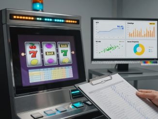 Photo of a modern slot machine under review in a lab, with a side