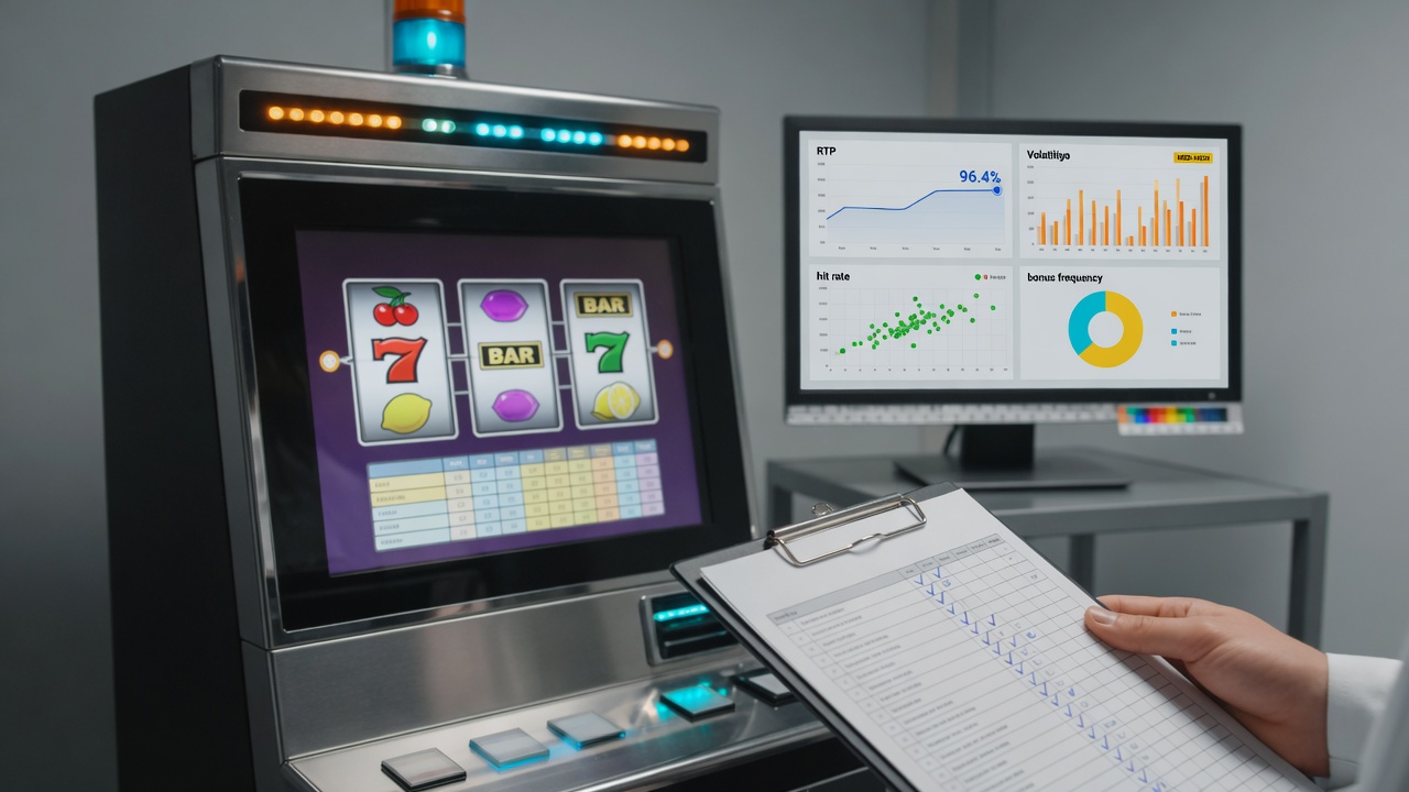 Photo of a modern slot machine under review in a lab, with a side