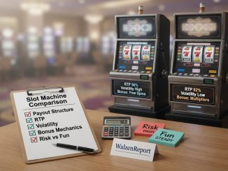 Editorial photo for WalzenReport showing two generic slot machines side-by-side and a foreground checklist