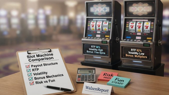 Editorial photo for WalzenReport showing two generic slot machines side-by-side and a foreground checklist