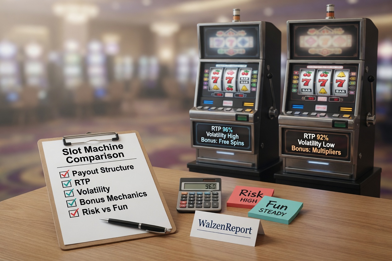 Editorial photo for WalzenReport showing two generic slot machines side-by-side and a foreground checklist